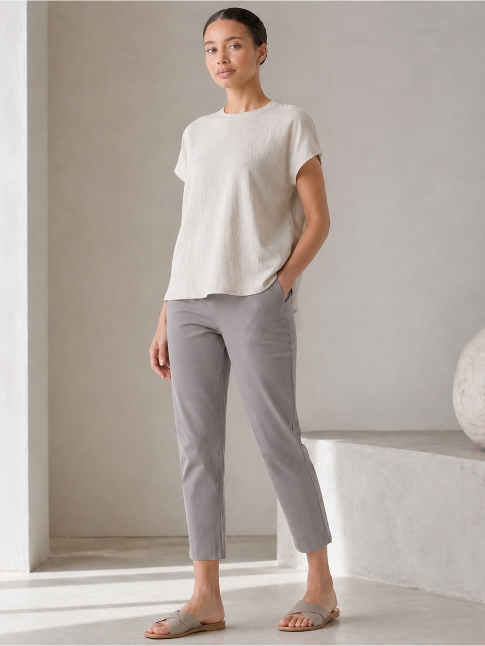 Eileen Fisher Organic Cotton Stretch Cropped Pants Gray 12 NWT